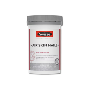 Swisse Beauty Hair Skin Nails+ bottle showing vitamins for hair, skin, and nails support