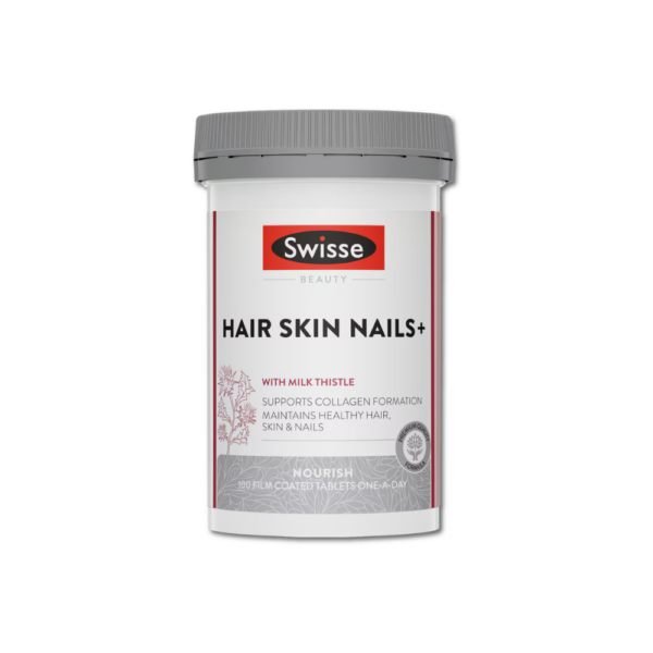 Swisse Beauty Hair Skin Nails+ bottle showing vitamins for hair, skin, and nails support