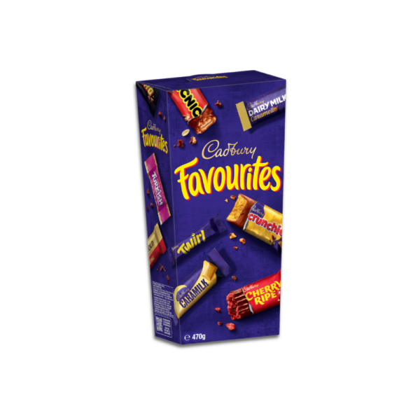 Cadbury Favourites assorted chocolate gift box with Dairy Milk, Crunchie, Twirl, Boost, Cherry Ripe and other mixed chocolate pieces