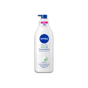 NIVEA Aloe & Hydration Body Lotion bottle with Aloe Vera and Hyaluron formula providing 72-hour moisture for normal to dry skin