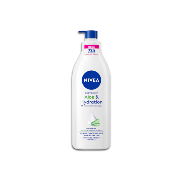 NIVEA Aloe & Hydration Body Lotion bottle with Aloe Vera and Hyaluron formula providing 72-hour moisture for normal to dry skin