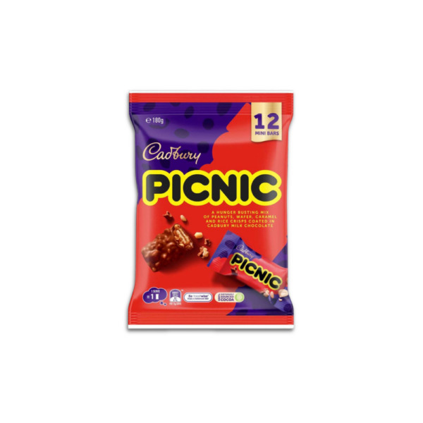 Picnic chocolate bars 12 pack with peanuts, wafer, caramel and crispy rice coated in milk chocolate.