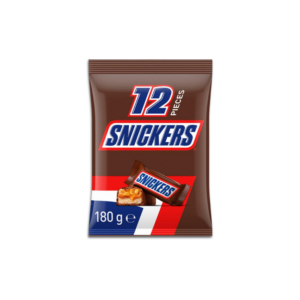 Snickers fun size chocolate bars 12 pack with peanuts, caramel and nougat coated in milk chocolate.