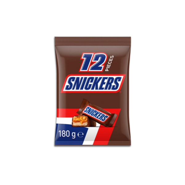 Snickers fun size chocolate bars 12 pack with peanuts, caramel and nougat coated in milk chocolate.