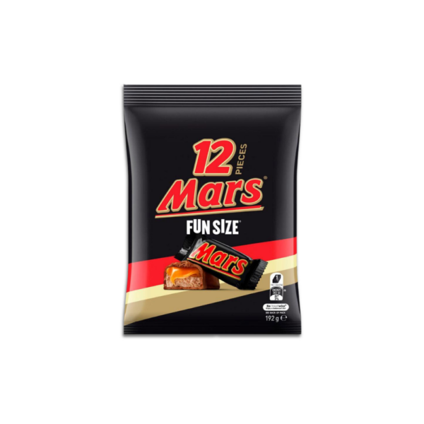 MARS Fun Size Chocolate Bars 12 Pack – Nougat & Caramel Milk Chocolate Party Bag Mars fun size chocolate bars 12 pack with nougat and caramel coated in milk chocolate.