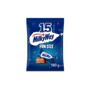 Milky Way fun size chocolate bars 15 pack with whipped nougat and milk chocolate coating.