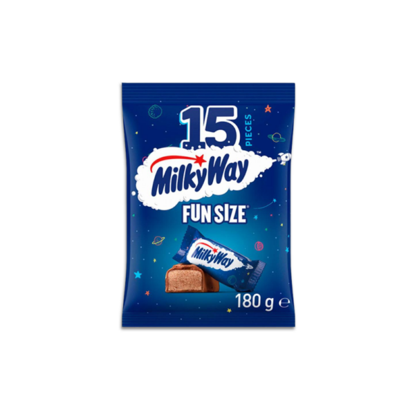 Milky Way fun size chocolate bars 15 pack with whipped nougat and milk chocolate coating.