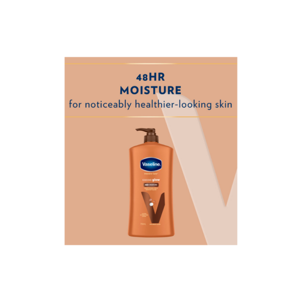 Vaseline Intensive Care Cocoa Glow body lotion bottle with cocoa butter moisturizing formula.