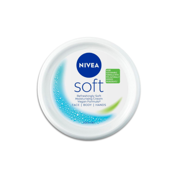 NIVEA Soft moisturizing cream 200ml white and blue jar with vitamin E and jojoba oil formula.