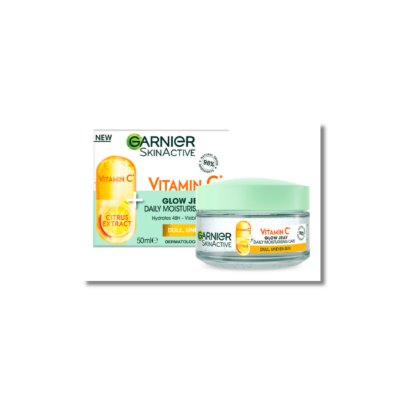 Garnier Vitamin C Brightening Jelly moisturiser jar with lightweight gel texture for glowing skin.