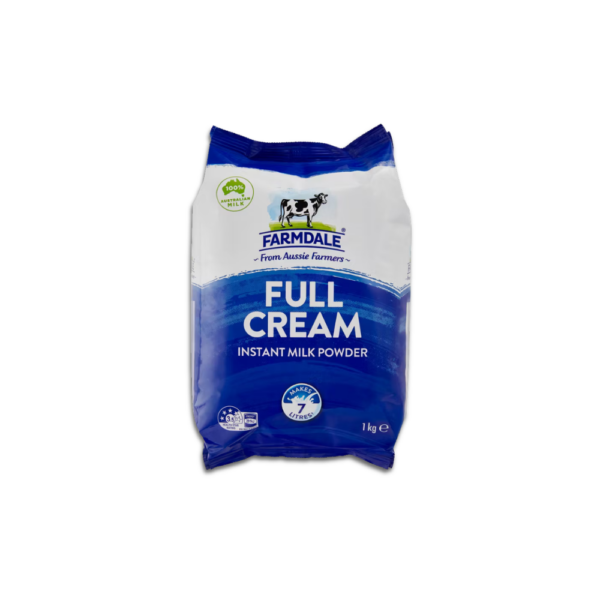 Pack of full cream instant milk powder suitable for vegetarians, high in protein and calcium, makes up to 7 litres of milk.