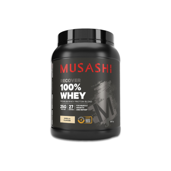 Musashi Whey Protein Vanilla 900g – High-Quality Muscle Nutrition Musashi 100% Whey Protein Vanilla Milkshake Flavour 900g tub with scoop and vanilla milkshake
