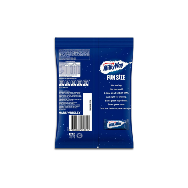 Milky Way fun size chocolate bars 15 pack with whipped nougat and milk chocolate coating.
