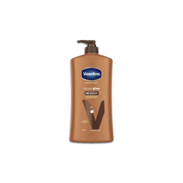 Vaseline Intensive Care Cocoa Glow body lotion bottle with cocoa butter moisturizing formula