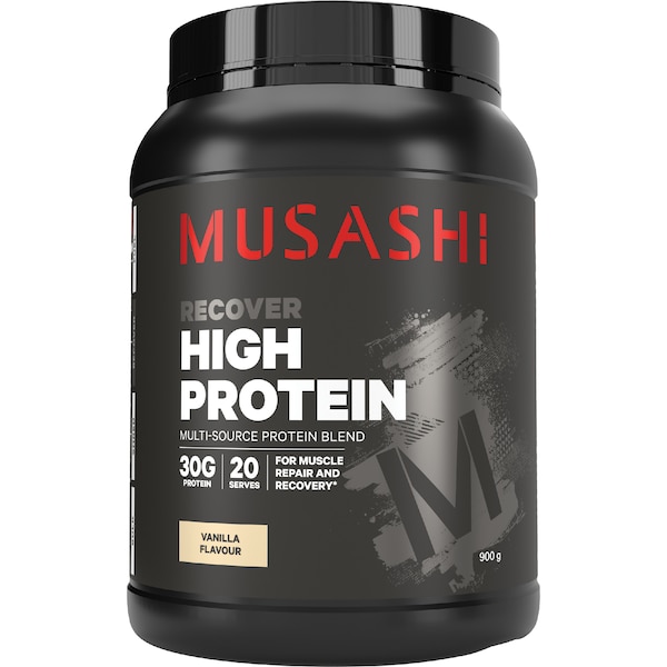 Musashi High Protein Powder Vanilla Milkshake 20 serves container, whey protein blend supplement for muscle support
