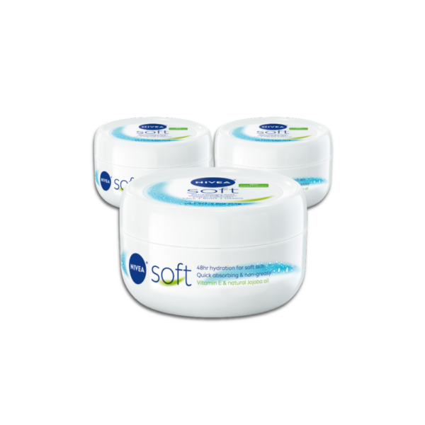 NIVEA Soft moisturizing cream 200ml white and blue jar with vitamin E and jojoba oil formula.