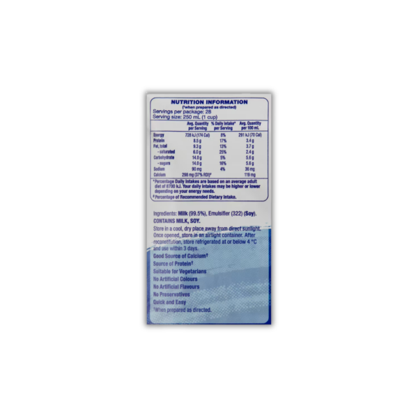 Pack of full cream instant milk powder suitable for vegetarians, high in protein and calcium, makes up to 7 litres of milk.