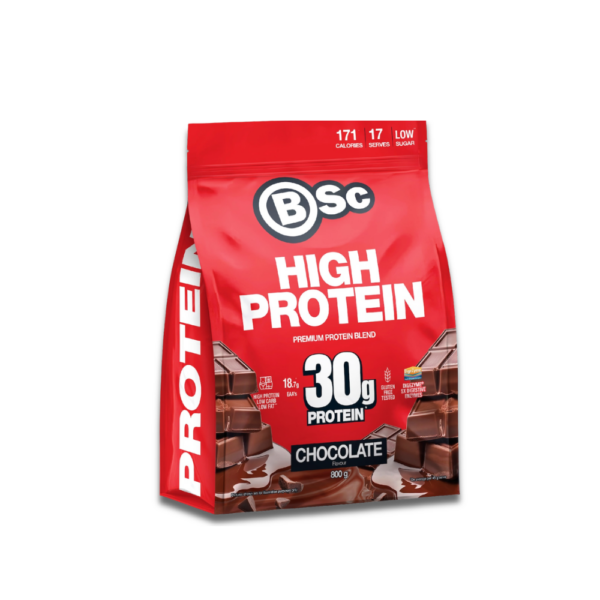 BSc High Protein Powder Chocolate 800g jar packaging BSc Body Science Chocolate Whey Protein 800g supplement High protein chocolate powder for muscle growth BSc 800g BSc premium whey protein chocolate flavor container Sports nutrition chocolate protein powder 800g BSc