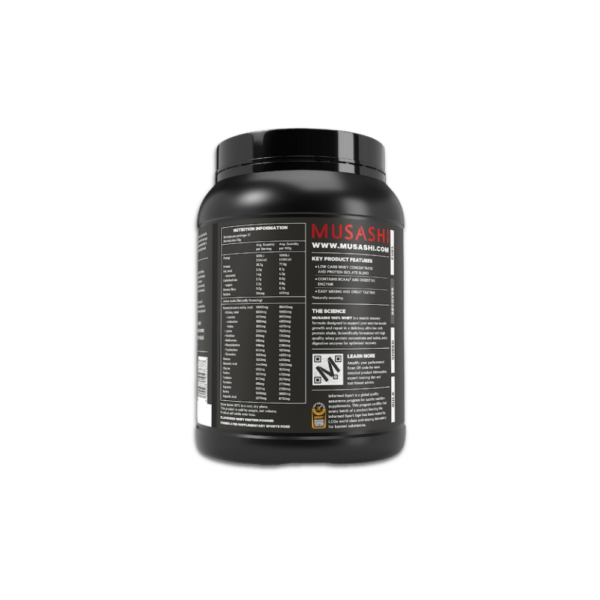 Musashi 100% Whey Protein Vanilla Milkshake Flavour 900g tub with scoop and vanilla milkshake