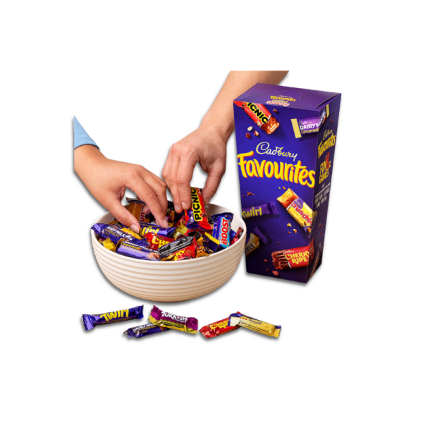 Cadbury Favourites assorted chocolate gift box with Dairy Milk, Crunchie, Twirl, Boost, Cherry Ripe and other mixed chocolate pieces