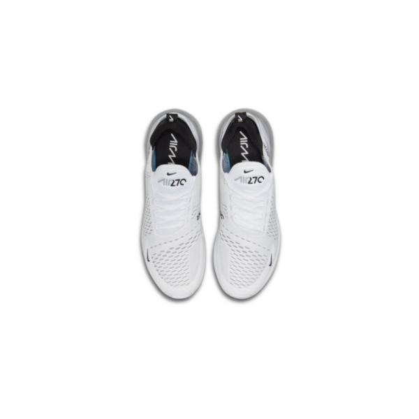 Nike Air Max 270 white sneakers with breathable mesh upper and large visible Air cushioning unit.