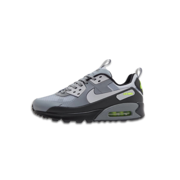 Nike Air Max 90 Drift grey sneakers with visible Air unit, leather upper, and rubber outsole.
