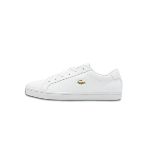 Lacoste Straightset men's white leather trainers with gold accents and signature crocodile logo.