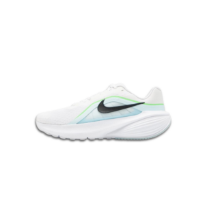 Nike Downshifter 14 men’s running shoes in white and blue with breathable mesh upper and cushioned sole.