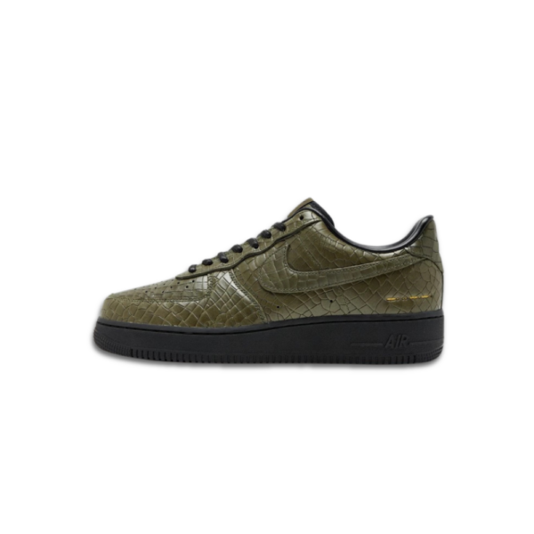 Men’s Nike Air Force 1 Low Premium sneakers in khaki with black and gold accents, featuring leather upper and Nike Air cushioning.