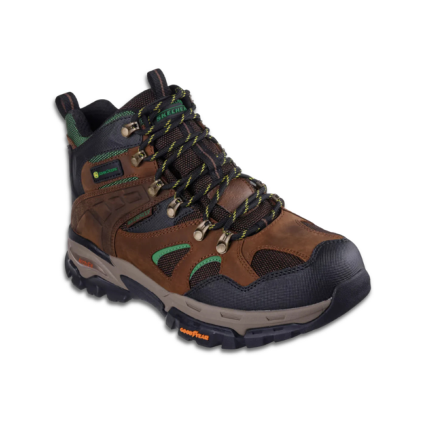 Skechers x John Deere waterproof trail boot with Arch Fit insole, durable rubber outsole and mid-top design for outdoor use.