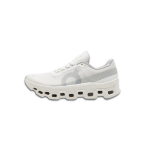 On Running Cloudmonster grey running sneakers with breathable upper and cushioned CloudTec sole.
