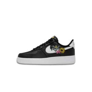 Nike Air Force 1 ’07 women's black leather sneakers with embroidered flowers and classic Air Sole cushioning.