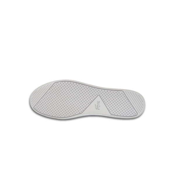 Lacoste Straightset men's white leather trainers with gold accents and signature crocodile logo.