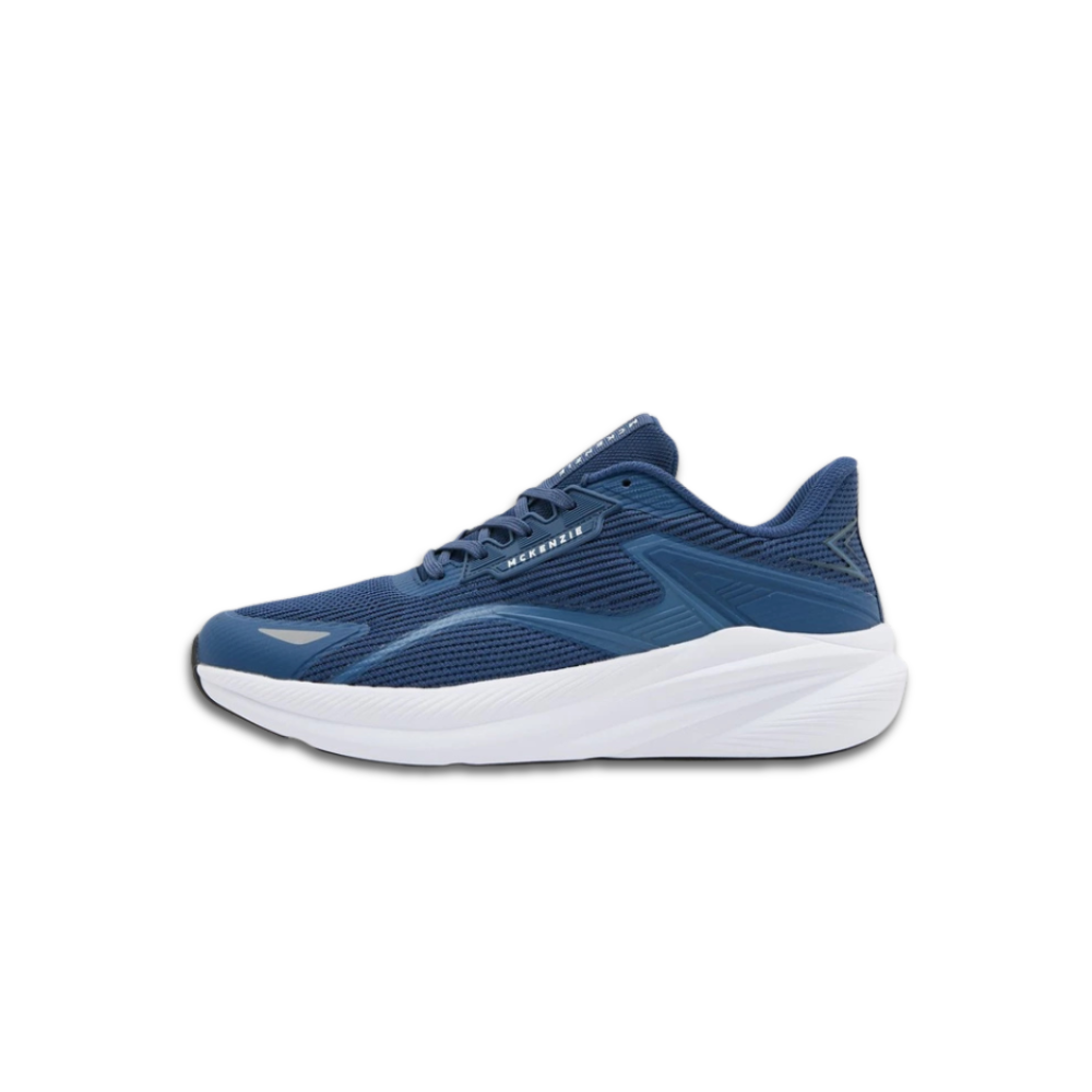 McKenzie Ayra men’s sneakers in Grey, Blue, and Black with breathable knit and synthetic upper, thick foam midsole, split rubber outsole, and reflective details.