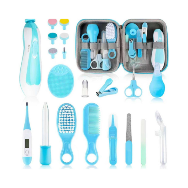 Complete 21-in-1 baby grooming kit with electric nail trimmer, brush, comb, and portable storage case for newborn care.