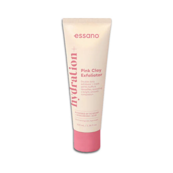 Rosehip pink clay exfoliating face mask with hyaluronic acid for gentle exfoliation, hydration, and brighter skin.