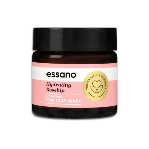 Essano Hydration+ Rosehip Detoxifying Pink Clay Mask with aloe vera and witch hazel for deep cleansing and hydration.