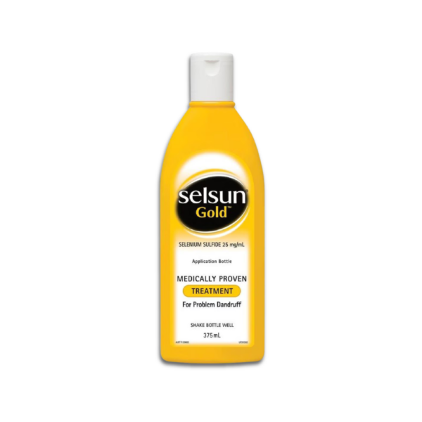 Selsun Gold medicated anti-dandruff shampoo with Selenium Sulfide 2.5% for itchy scalp, flaking, and dandruff control.