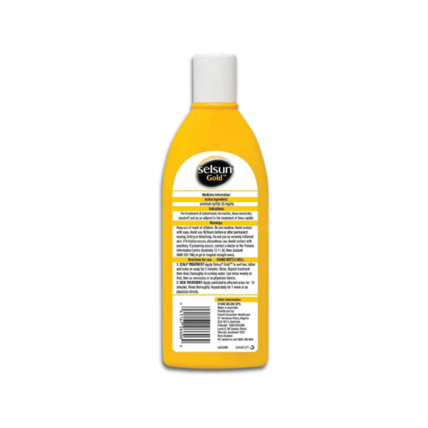 Selsun Gold medicated anti-dandruff shampoo with Selenium Sulfide 2.5% for itchy scalp, flaking, and dandruff control.