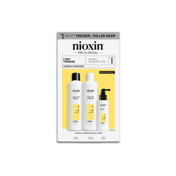 Nioxin Pro Clinical System Kit 1 3-step hair thickening treatment for natural hair with light thinning.