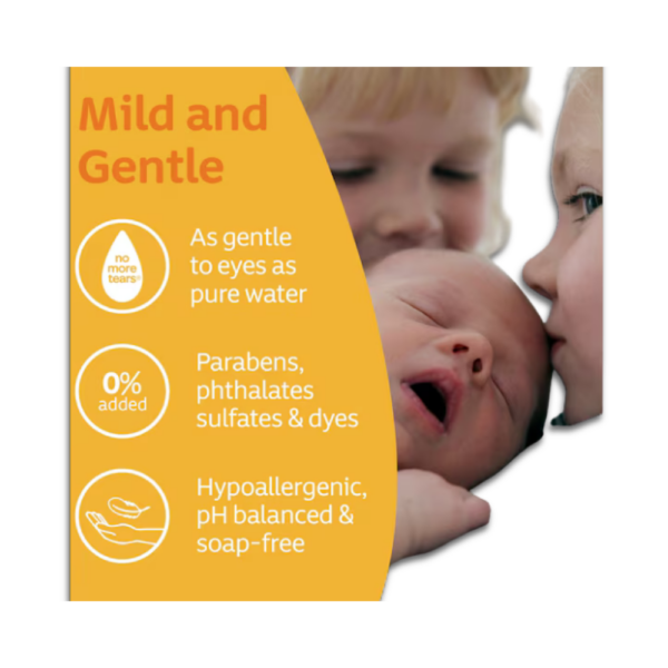 Johnson’s Baby Shampoo with No More Tears formula, gentle and safe for baby hair and eyes.