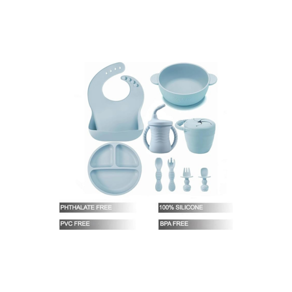 PandaEar blue silicone baby feeding set with suction bowl, plate, bib, utensils, and sippy cup.