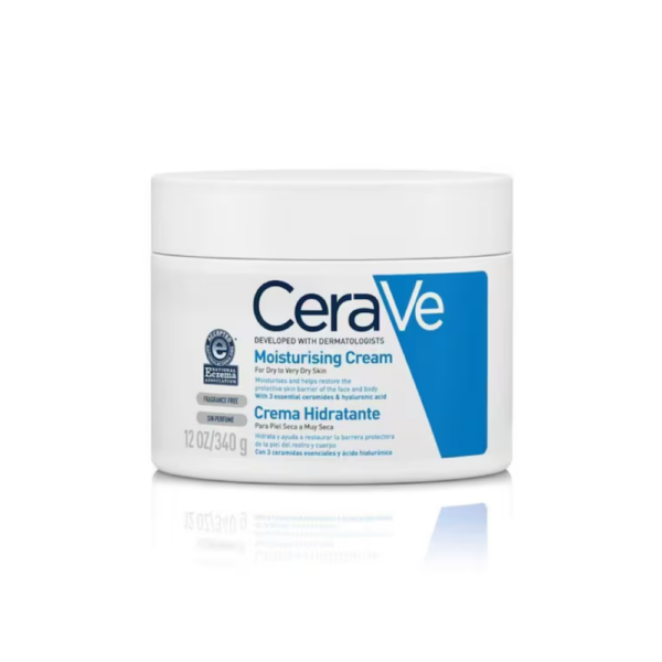 CeraVe Moisturising Cream for dry and sensitive skin, rich hydrating formula with ceramides and hyaluronic acid.