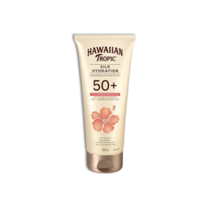 Hawaiian Tropic Silk Hydration Sunscreen Lotion SPF50+ with lightweight non-greasy formula and 12-hour moisturisation.