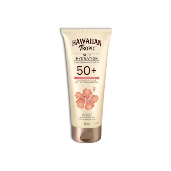 Hawaiian Tropic Silk Hydration Sunscreen Lotion SPF50+ with lightweight non-greasy formula and 12-hour moisturisation.