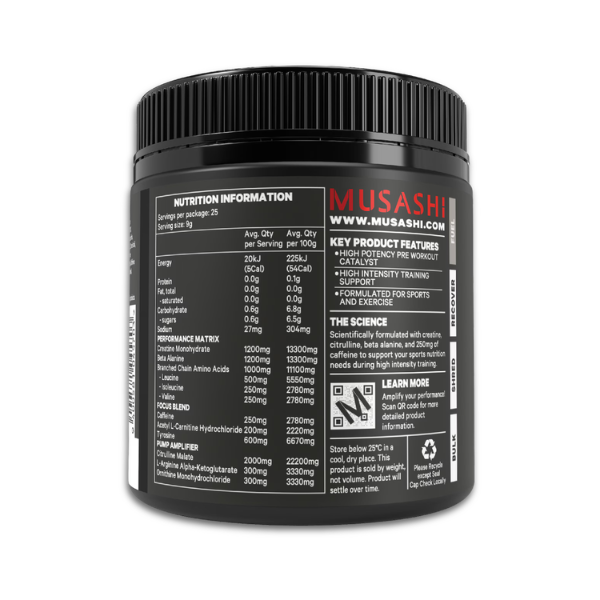 Musashi Pre-Workout supplement with creatine, caffeine, and BCAAs for energy, focus, and workout performance.
