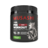 Musashi Pre-Workout Shred thermogenic supplement with caffeine, carnitine, and green tea extract for energy and fat metabolism.