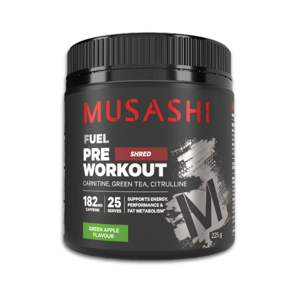 Musashi Pre-Workout Shred thermogenic supplement with caffeine, carnitine, and green tea extract for energy and fat metabolism.