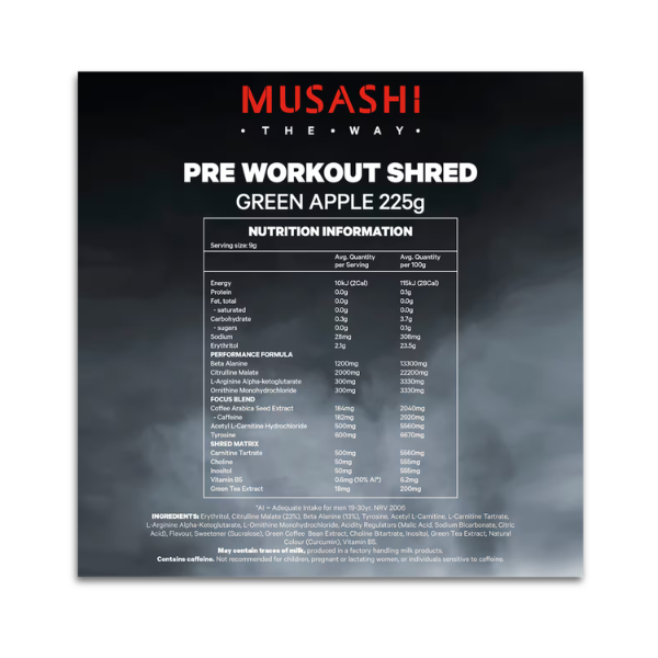 Musashi Pre-Workout Shred thermogenic supplement with caffeine, carnitine, and green tea extract for energy and fat metabolism.