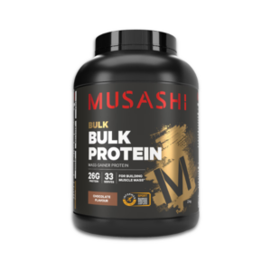 Musashi Bulk Protein mass gainer powder with high-calorie protein blend for muscle growth and recovery.